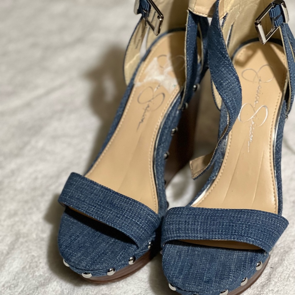 Women Light blue studded denim 4-5” wedge sandals